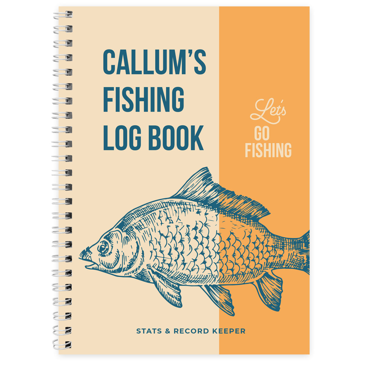 Personalised fishing log book front cover on a white background