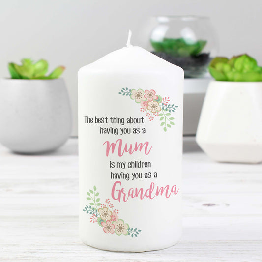 Personalised floral pillar candle with a Grandma message