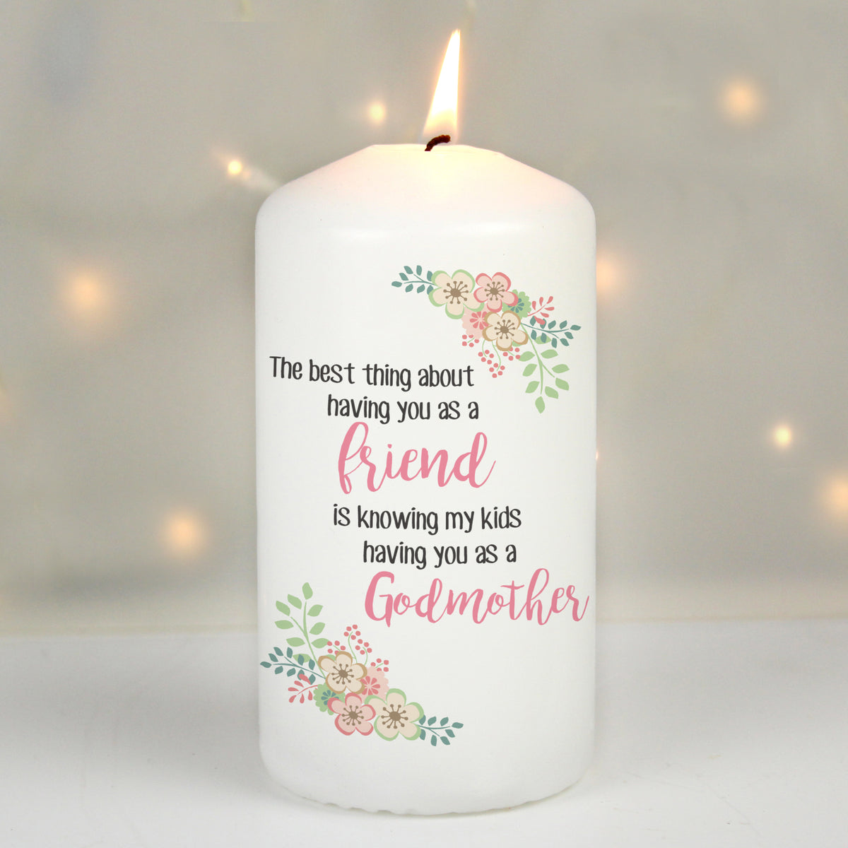 Personalised floral pillar candle with a Grandmother message