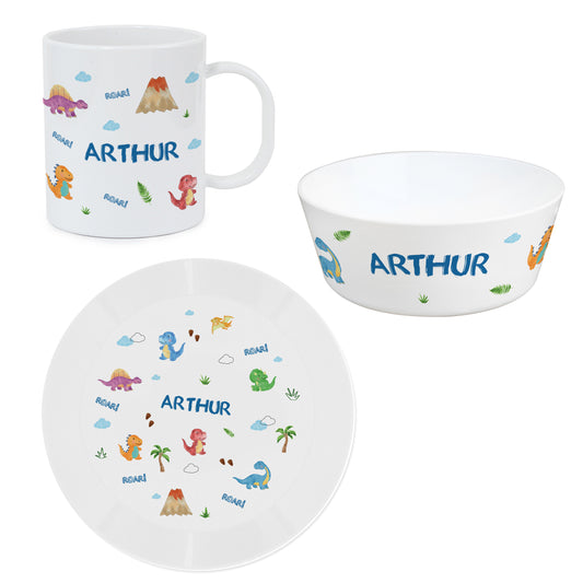 Personalised Dinosaur Plastic Breakfast Set with plate, bowl and mug