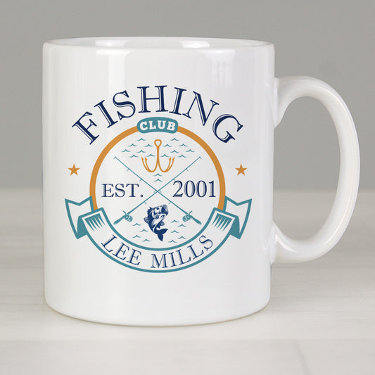 Personalised Fishing Club mug with a fishing club emblem