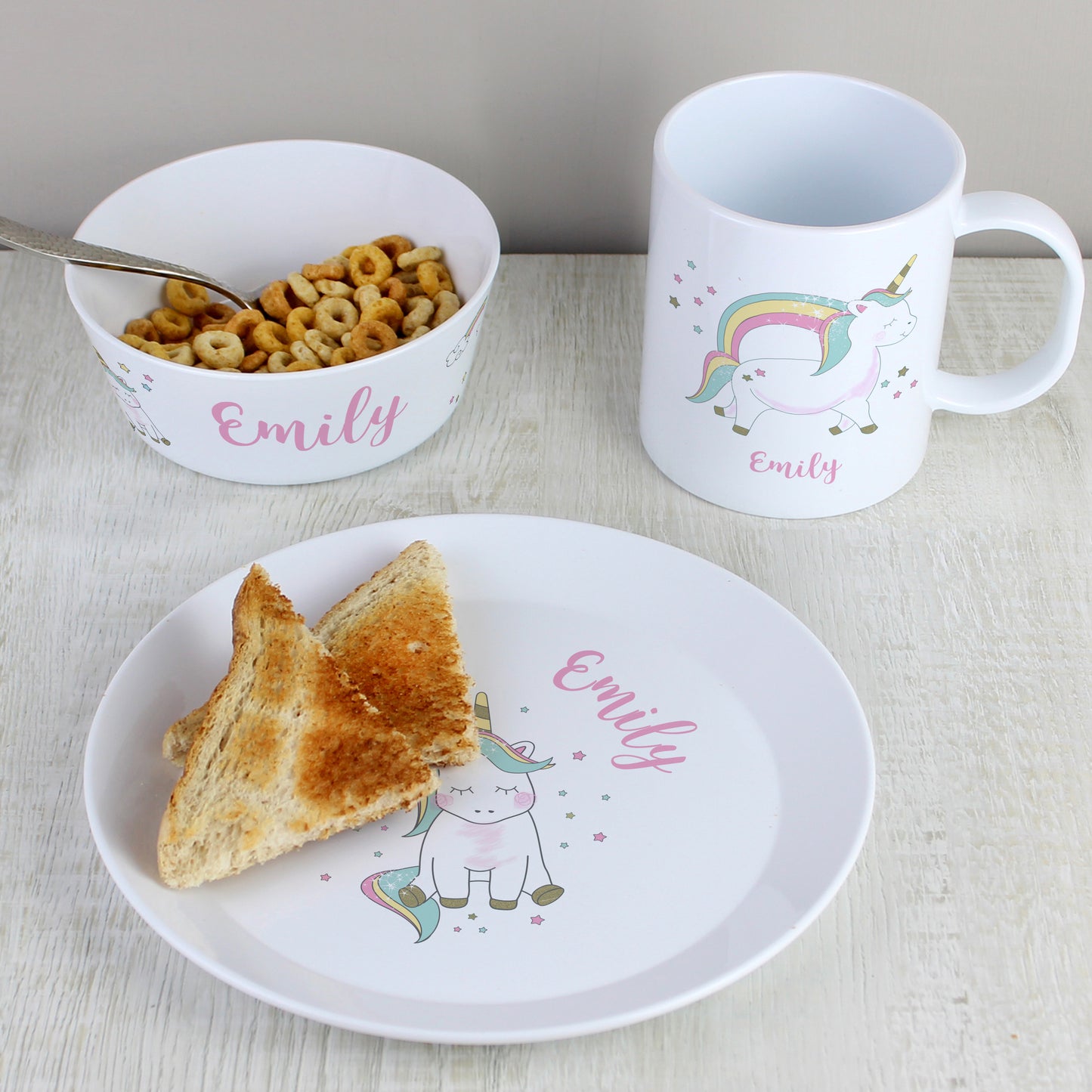 Personalised Unicorn Plastic Breakfast Set from Heartfelt Gifts