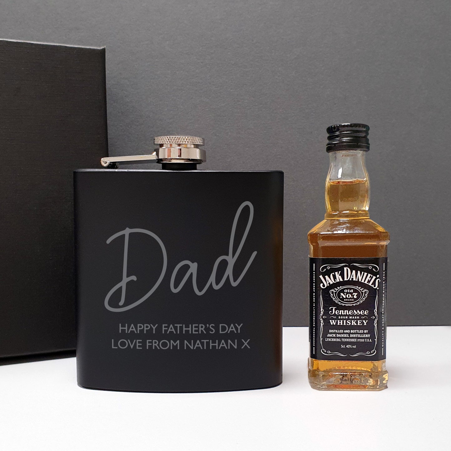 Personalised Free Text Hip Flask and Whisky Miniature Set from Heartfelt Gifts