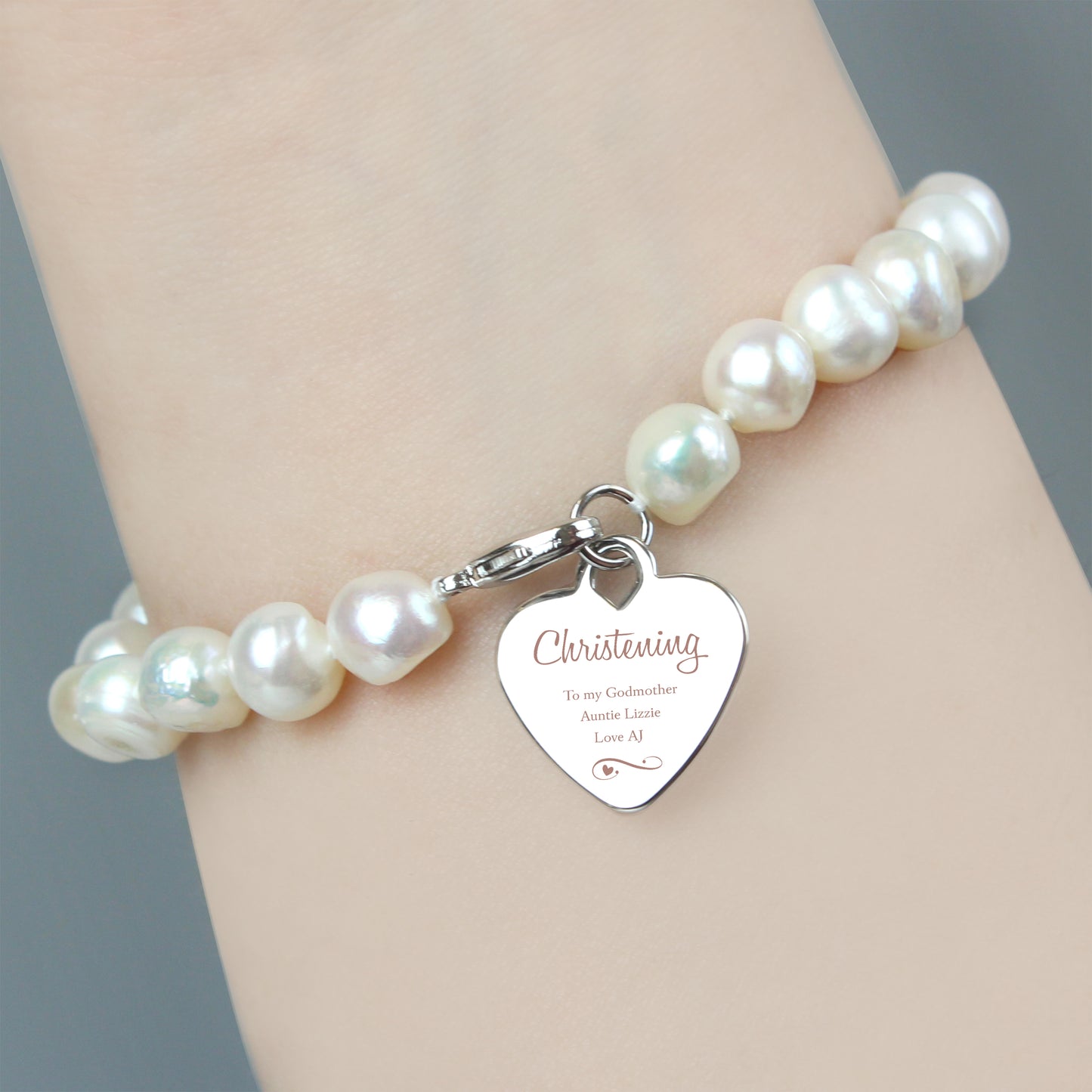Personalised Christening Swirls and Hearts Pearl Bracelet from Heartfelt Gifts