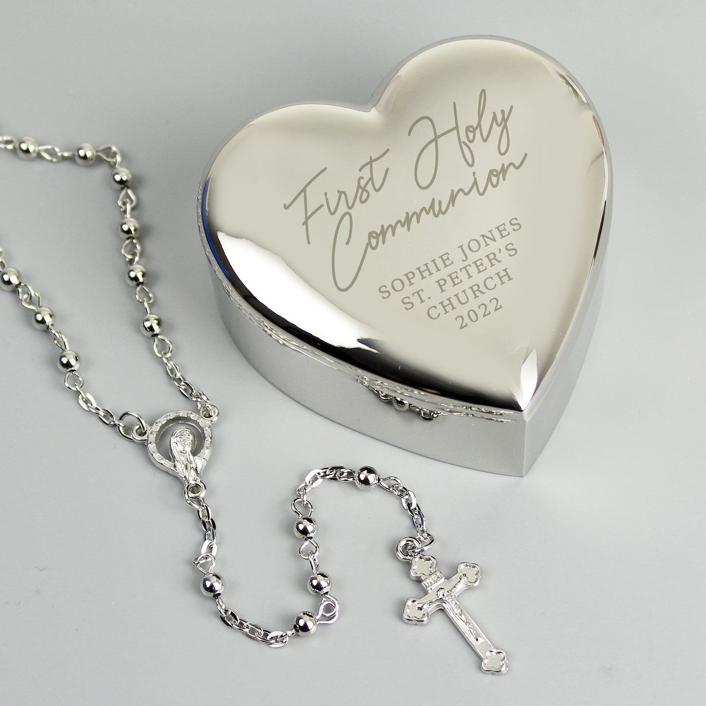 Personalised First Holy Communion Rosary Beads and Cross Heart Trinket Box - image 2
