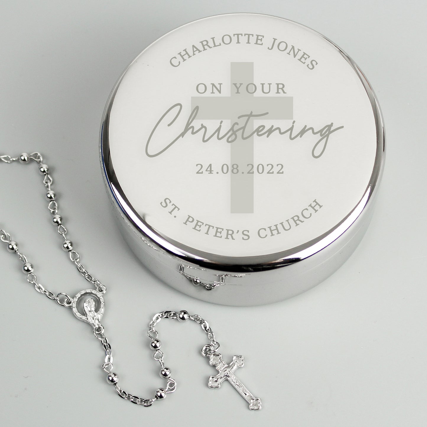 Personalised Christening Round Trinket Box & Rosary Beads Set - image 2