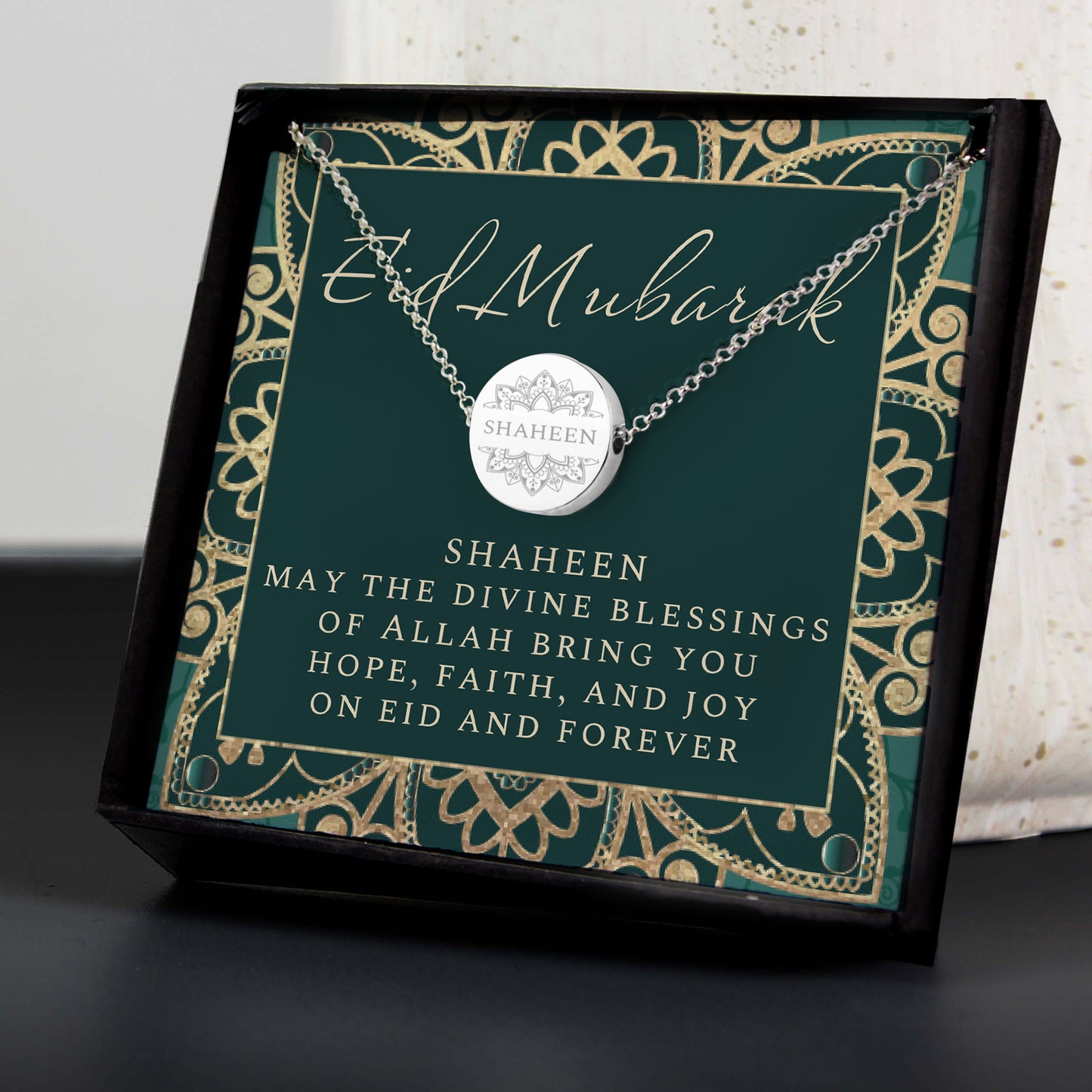 Personalised Sentiment Eid and Ramadan Disc Necklace and Box - image 7