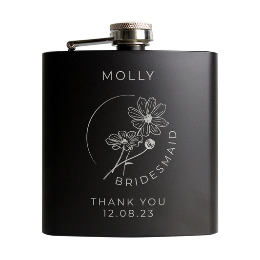 Personalised Monochrome Floral Wedding Party Black Hip Flask - image 5