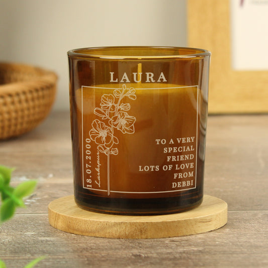 Personalised July Birth Flower Amber Glass Candle - image 2