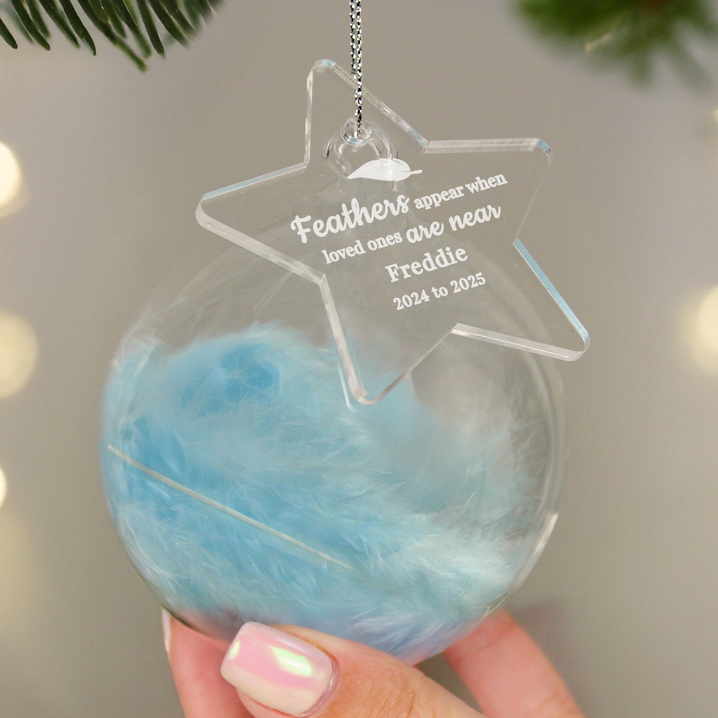 Personalised Blue Memorial Feather Glass Bauble – Bereavement Christmas Gift - image 3
