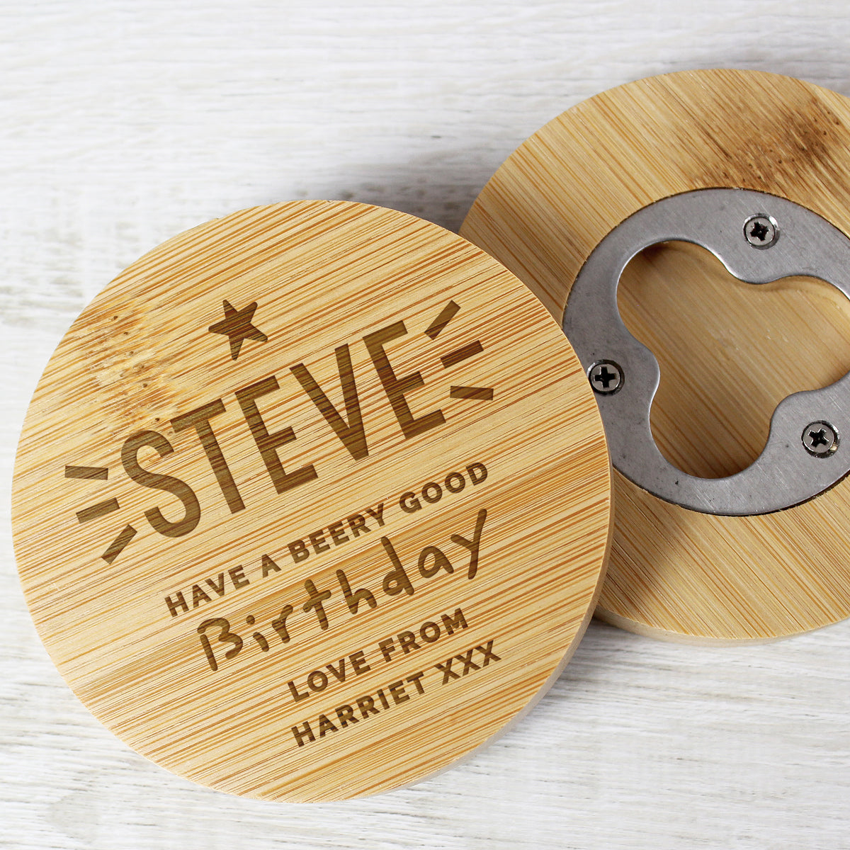 Personalised Star Bamboo Bottle Opener Coaster – additional gallery view