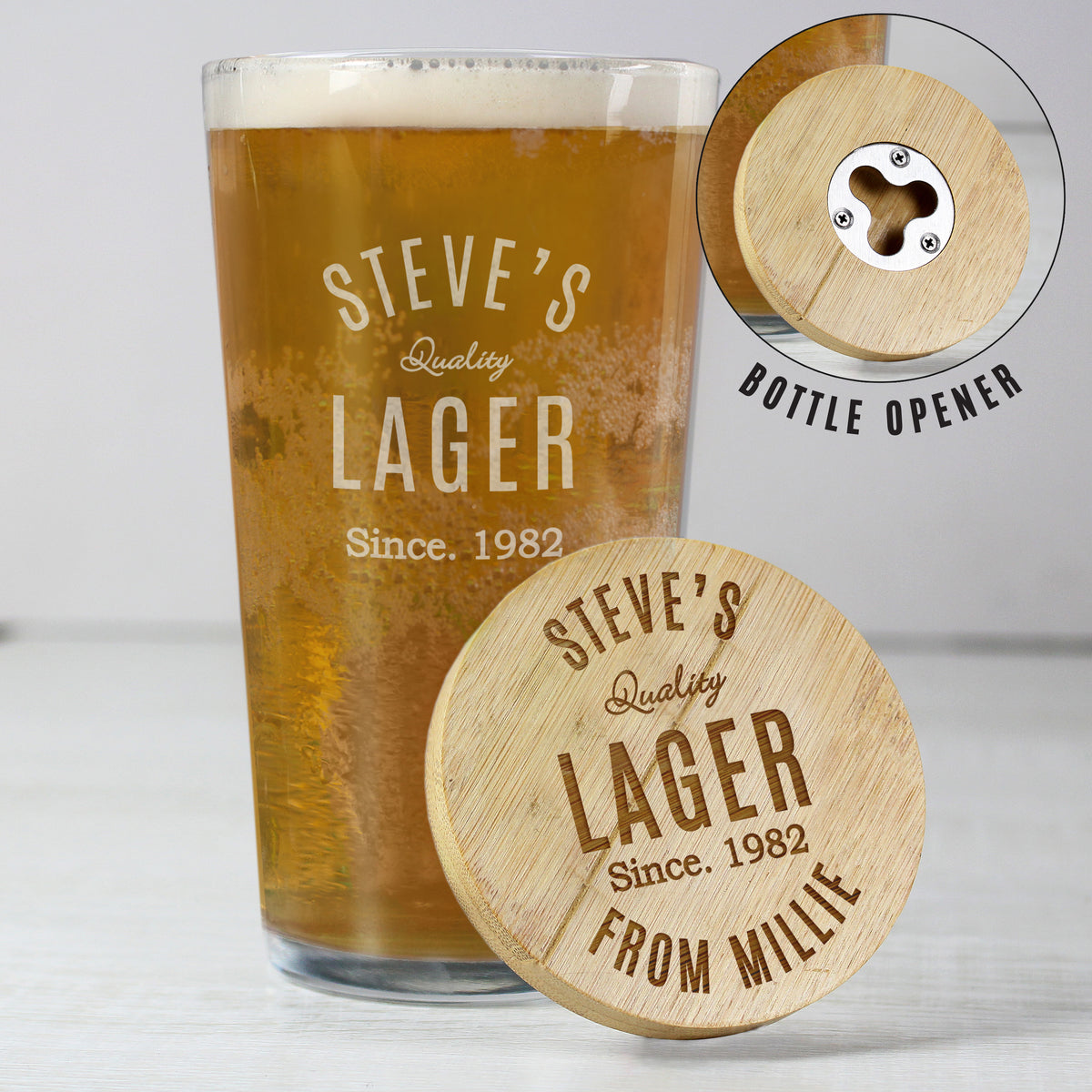Personalised Free Text Bamboo Bottle Opener Coaster and Pint Glass - image 12
