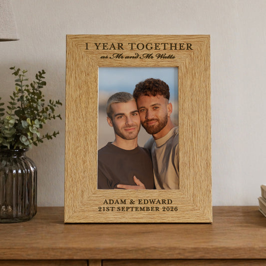 Personalised wooden anniversary photo frame with example couple photo and custom one-year message