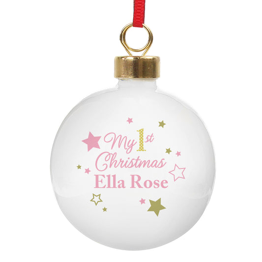 Personalised Gold & Pink Stars My 1st Christmas Bauble - image 2