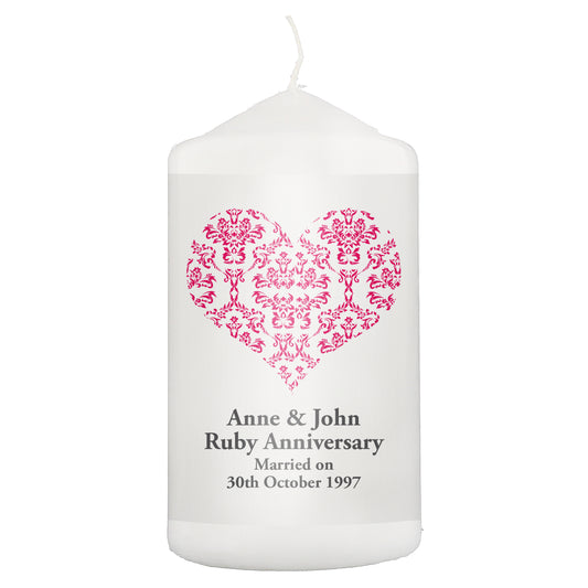 Personalised Ruby Damask Heart Pillar Candle - image 2