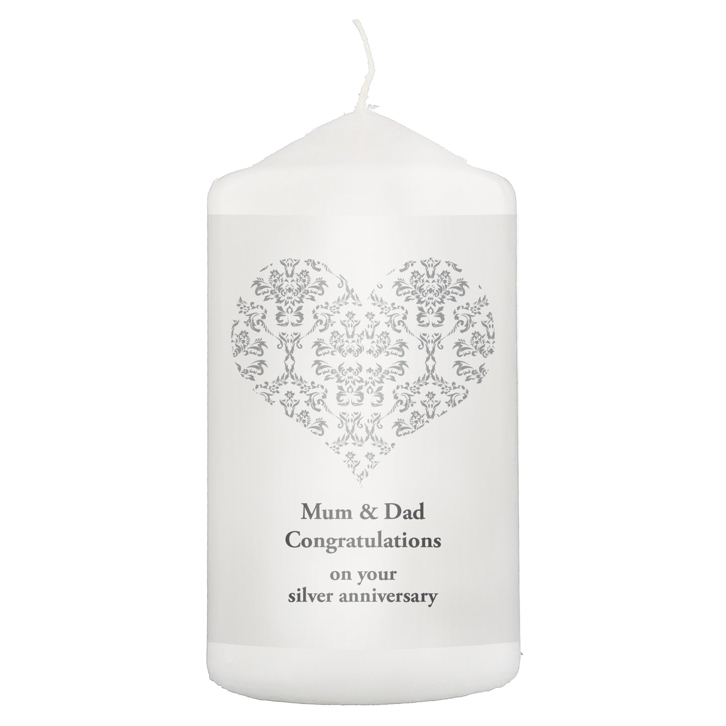 Personalised Silver Damask Heart Pillar Candle - image 2