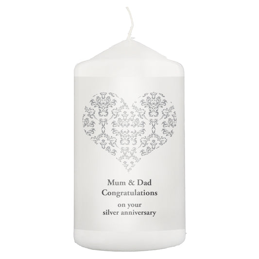 Personalised Silver Damask Heart Pillar Candle - image 2