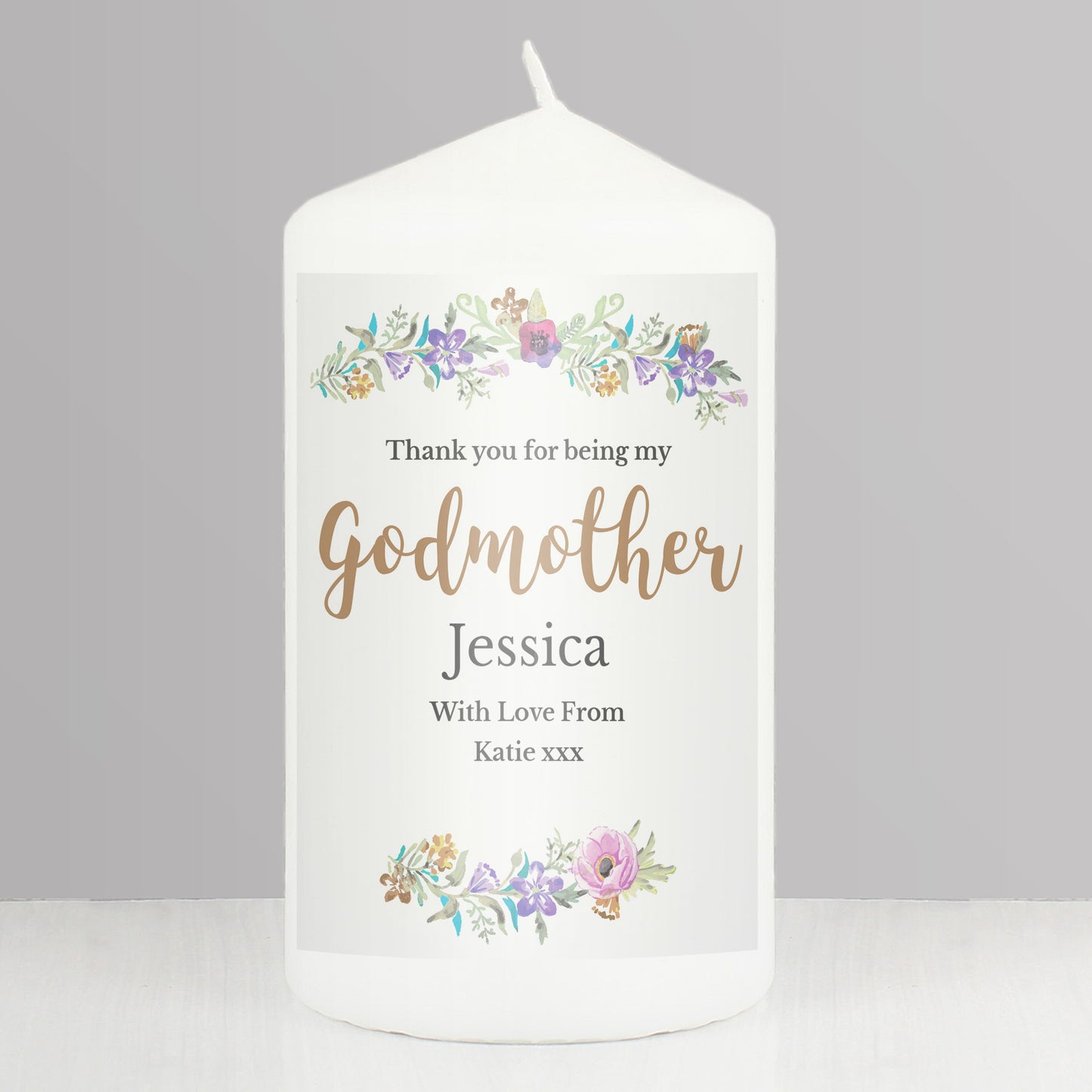 Personalised Godmother 'Floral Watercolour' Pillar Candle from Heartfelt Gifts
