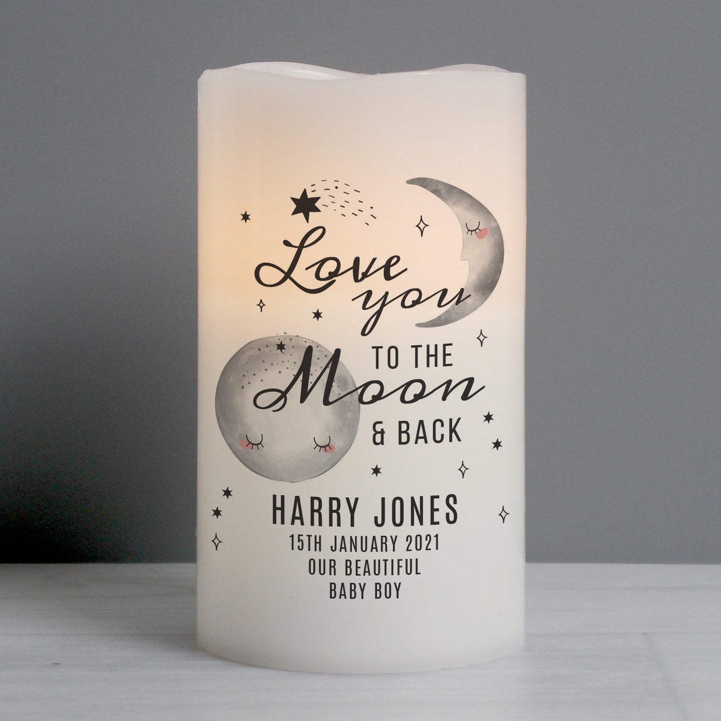 Personalised Baby To The Moon and Back LED Candle - image 3