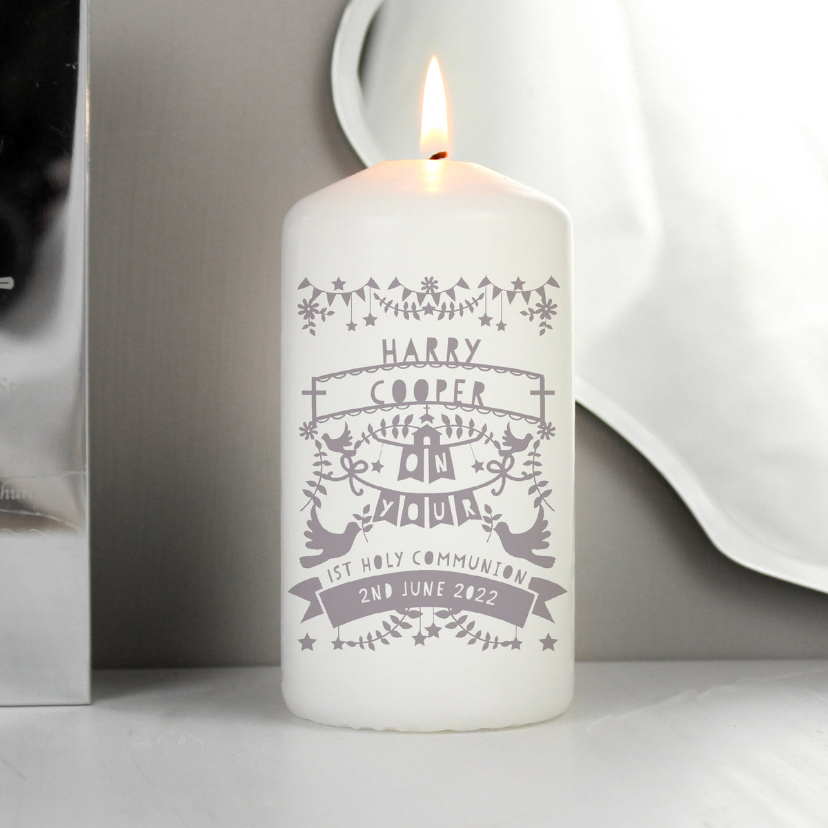 Personalised Grey Papercut Style Pillar Candle - image 6