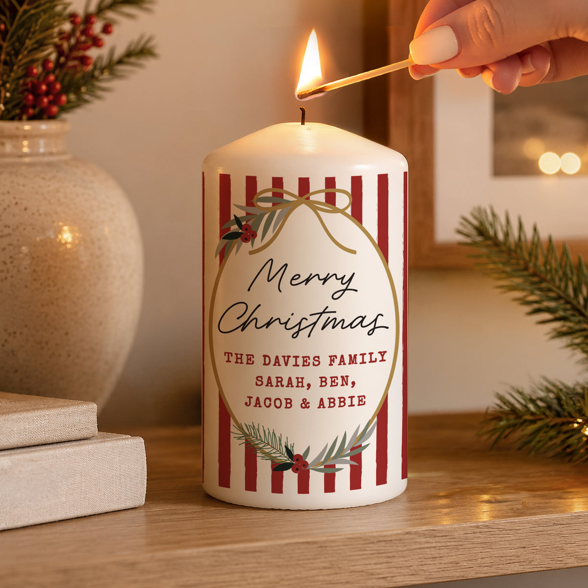 Personalised Candy Cane Stripe Pillar Candle from Heartfelt Gifts