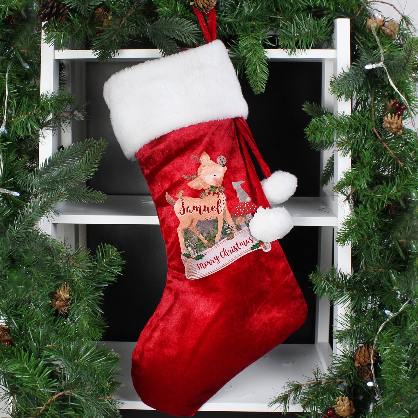Personalised Festive Fawn Luxury Red Stocking - image 5