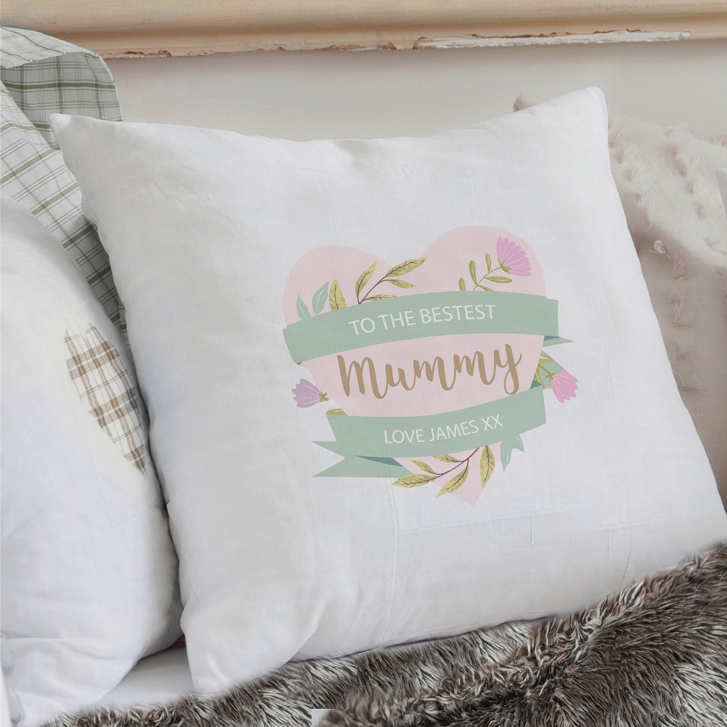 Personalised Floral Heart Mothers Day Cream Cushion - image 3