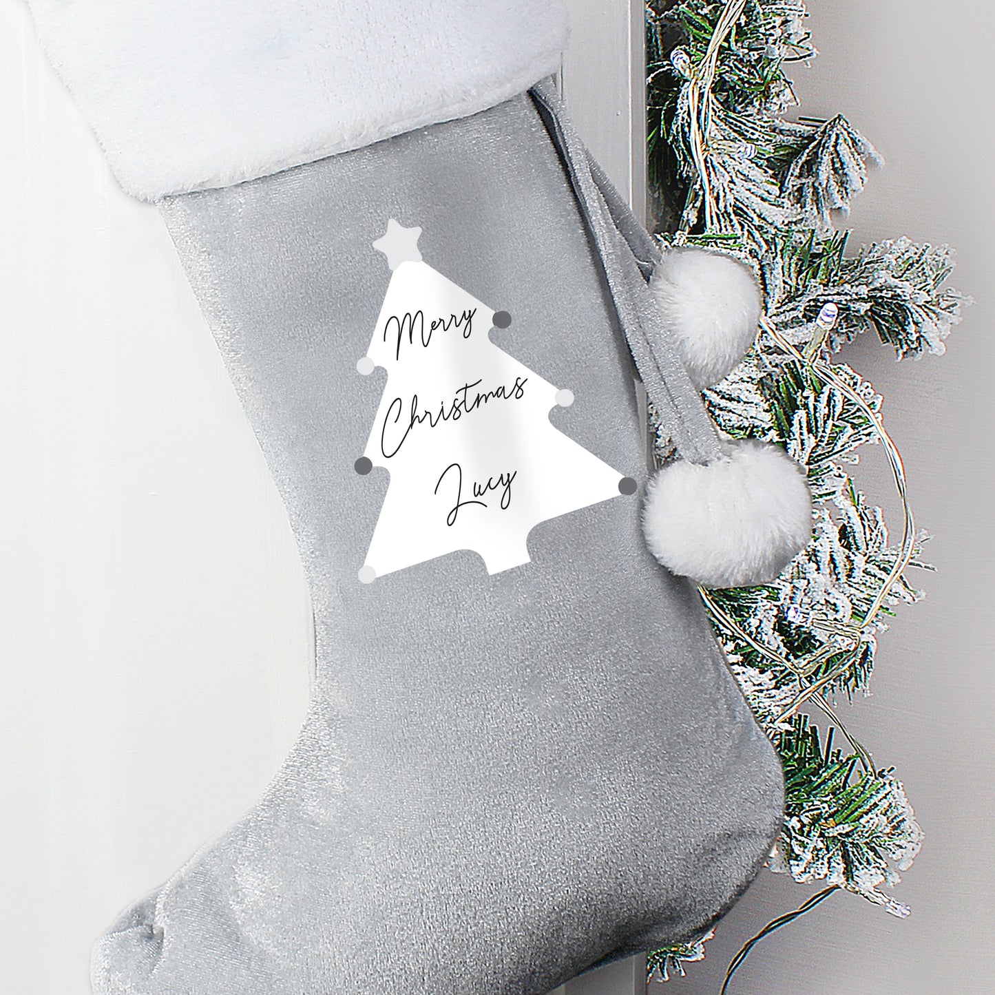 Personalised Christmas Tree Luxury Silver Grey Stocking - image 3