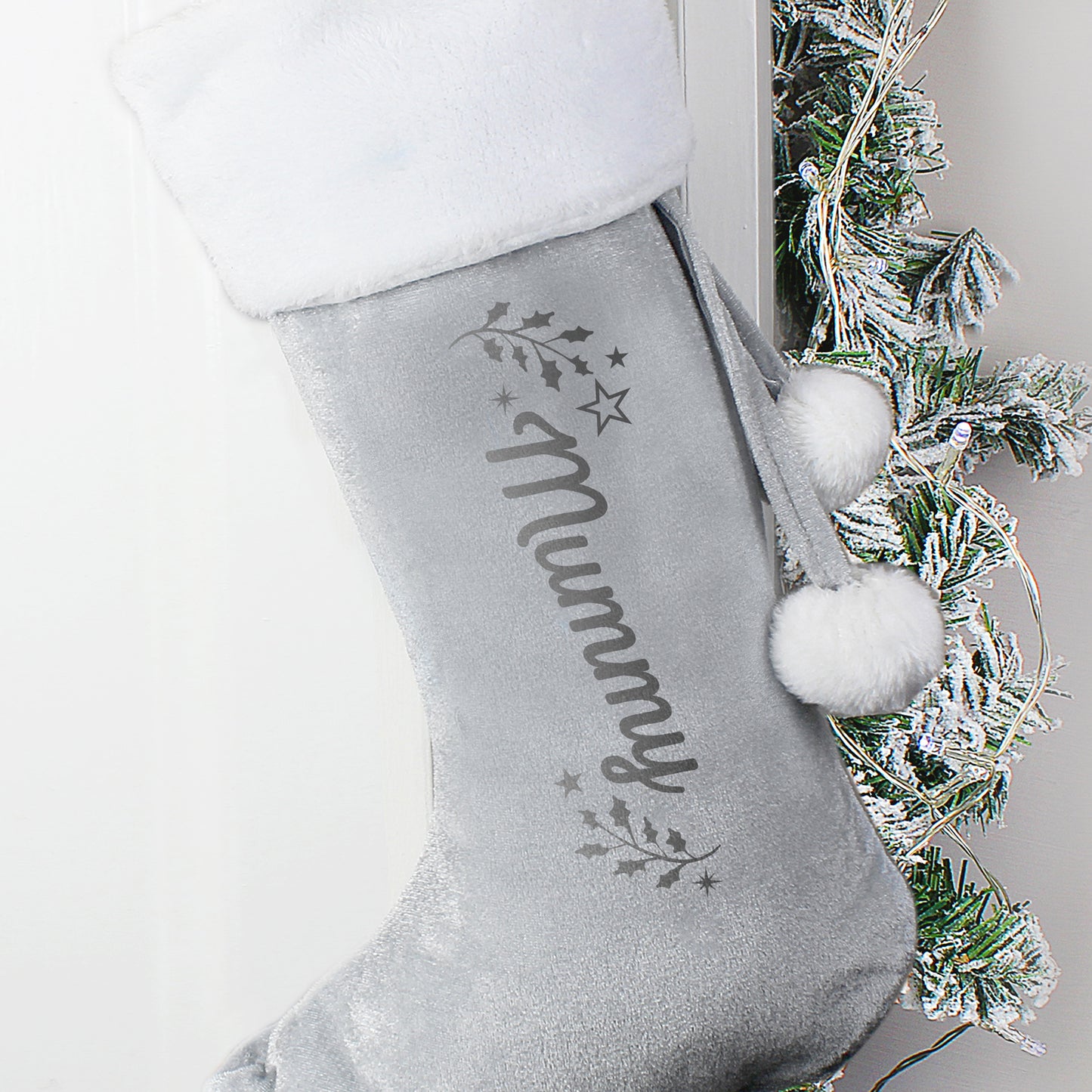 Personalised Holly Grey Christmas Stocking - image 4