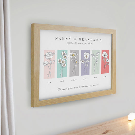 Personalised Birth Flower Family of 6 Oak Framed Print - image 2