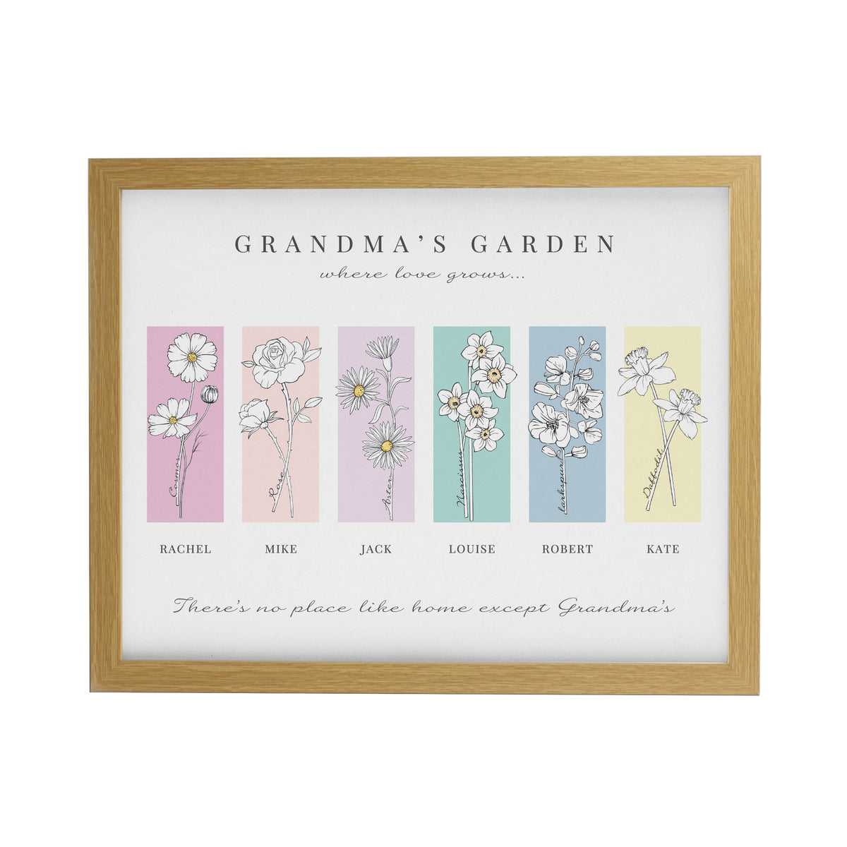 Personalised Birth Flower Family of 6 Oak Framed Print - image 3