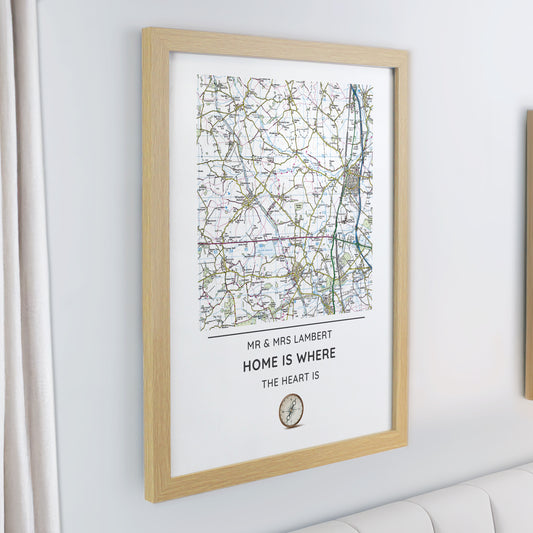 Personalised Present Day Map Compass Oak Poster Frame - image 2