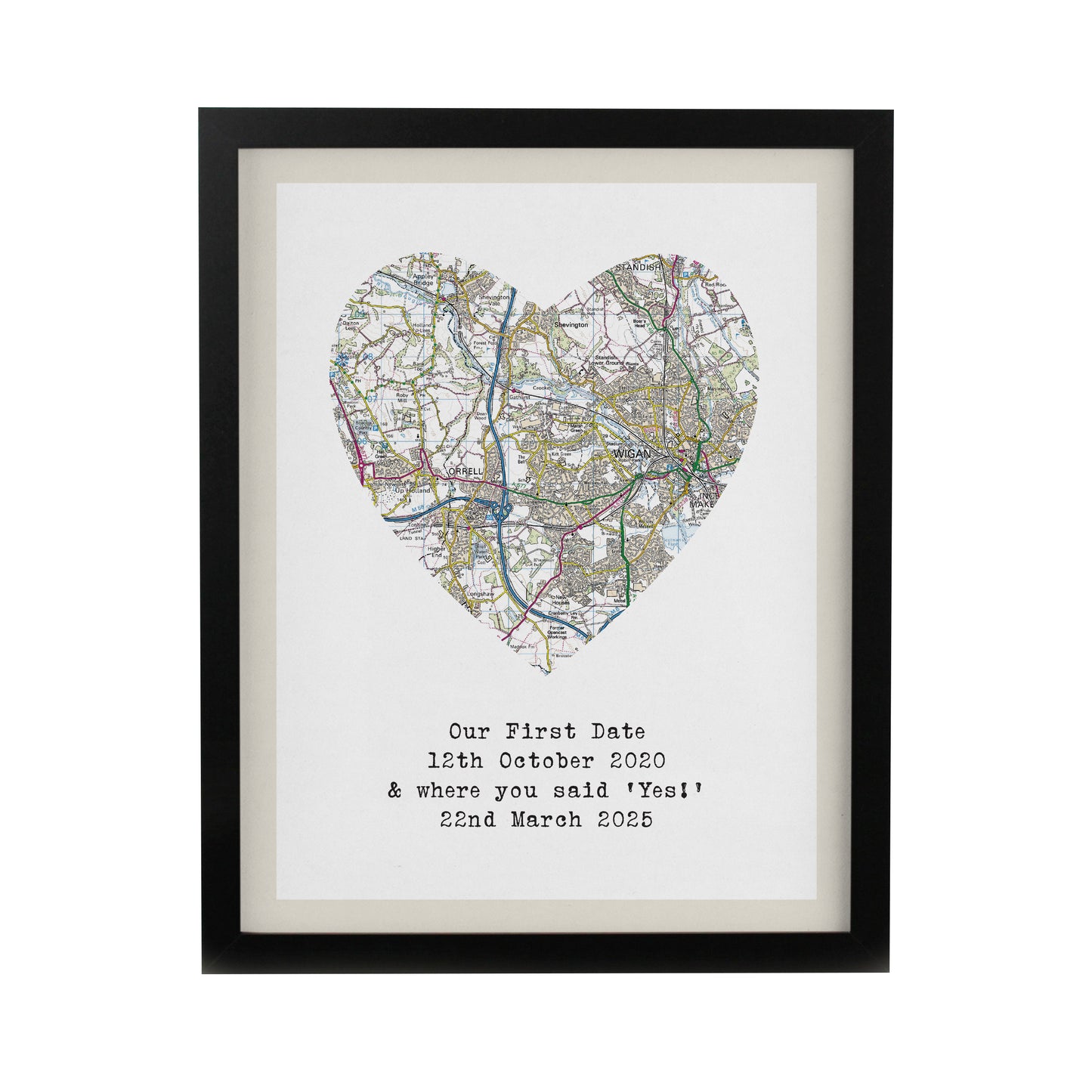 Personalised Present Day Map Heart Black Poster Frame - image 3