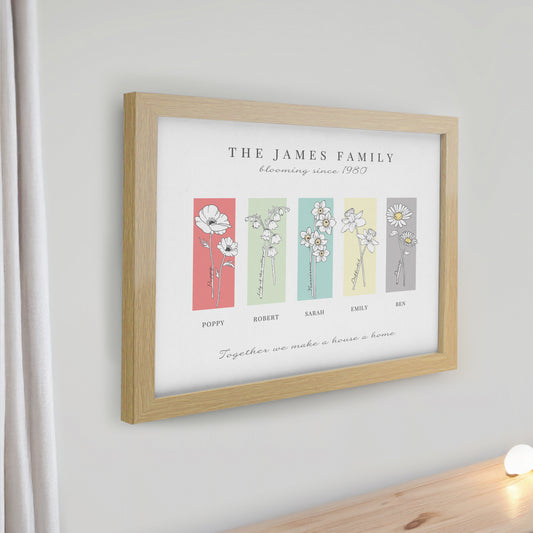 Personalised Birth Flower Family of 5 Oak Framed Print - image 2