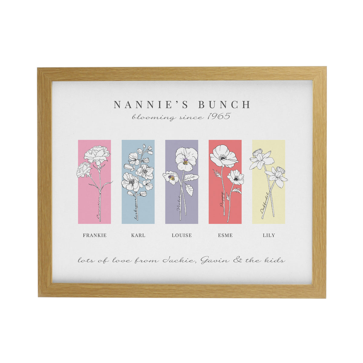 Personalised Birth Flower Family of 5 Oak Framed Print - image 3