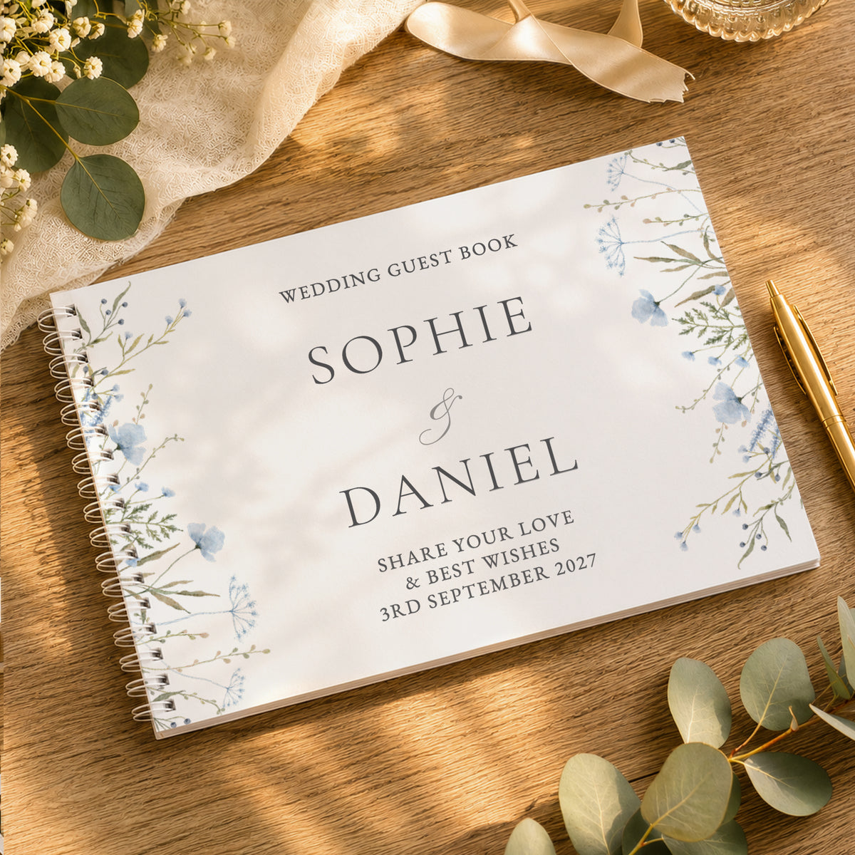 Personalised Blue Wild Flowers Wedding Guest Book from Heartfelt Gifts