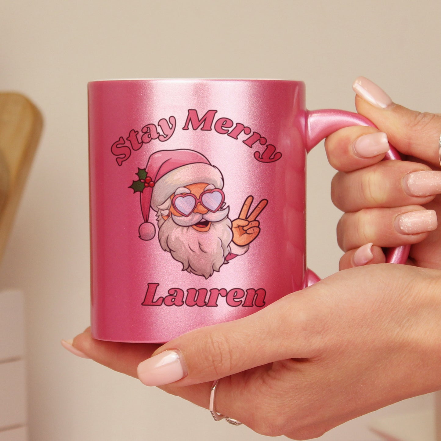 Personalised Stay Merry Santa Pink Mug - image 2