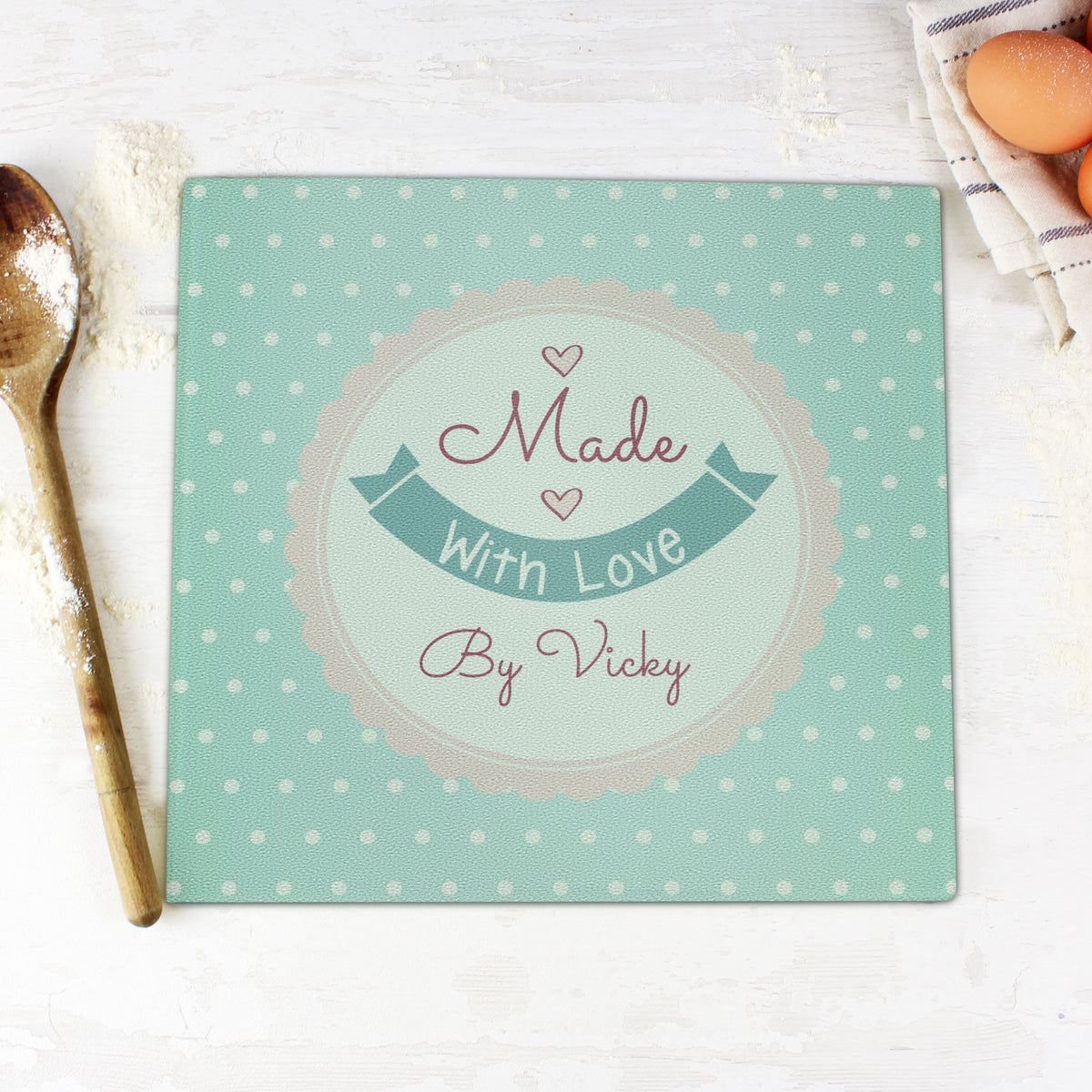 Personalised Made with Love Glass Chopping Board/Worktop Saver - image 2
