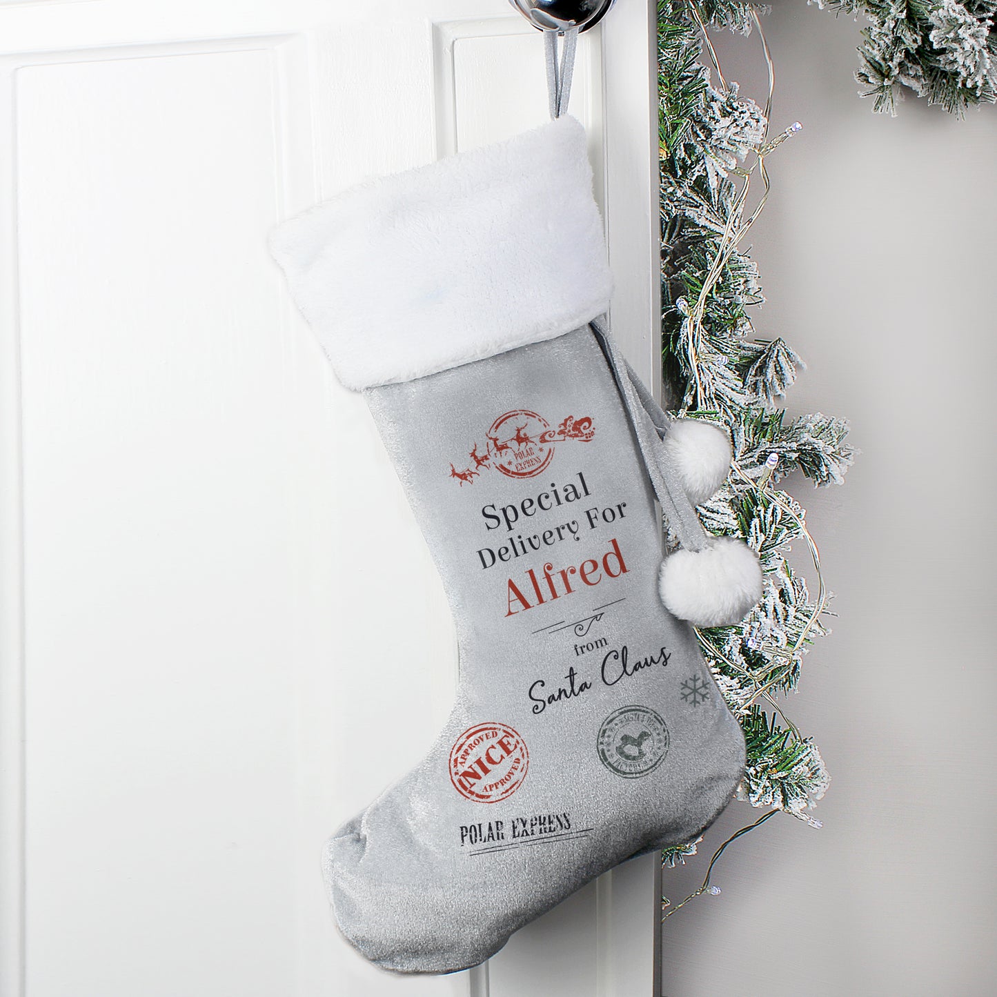 Personalised Special Delivery Silver Grey Stocking - image 3