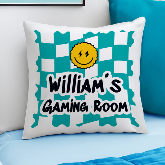 Personalised Blue Check Children's Bedroom Cushion – Birthday Gift for Boys - image 2