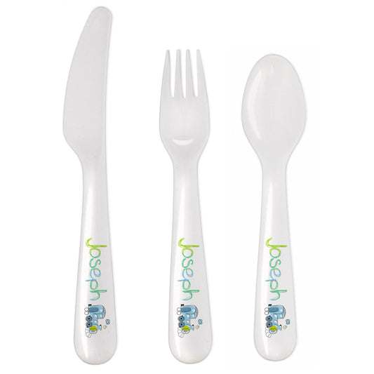Personalised Patchwork Train 3 Piece Plastic Cutlery Set - image 2
