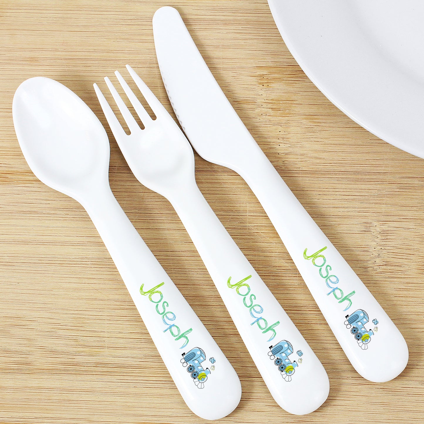Personalised Patchwork Train 3 Piece Plastic Cutlery Set - image 3