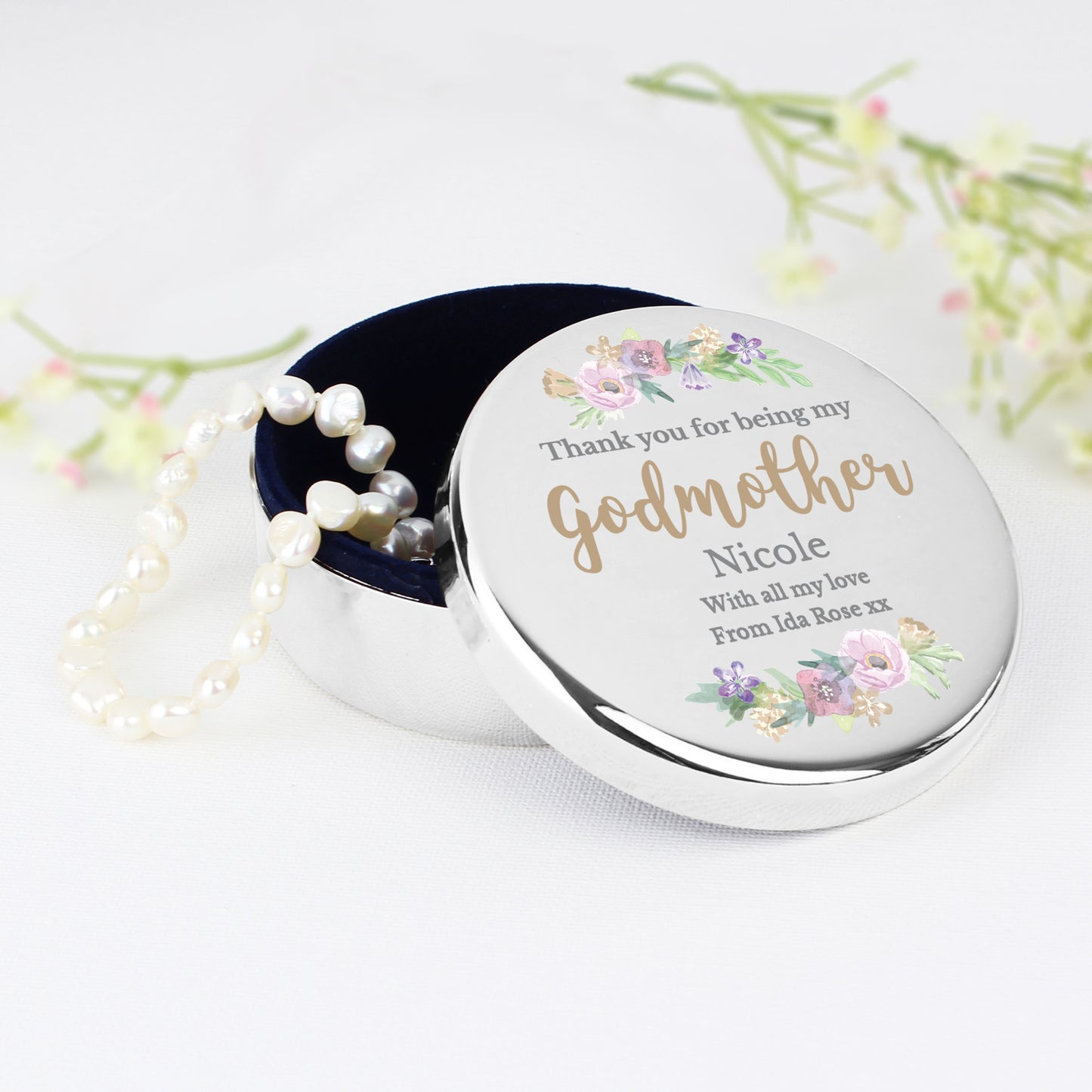Personalised Godmother 'Floral Watercolour' Round Trinket Box from Heartfelt Gifts