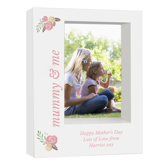 White floral portrait box frame with Mummy and Me example wording on a plain background