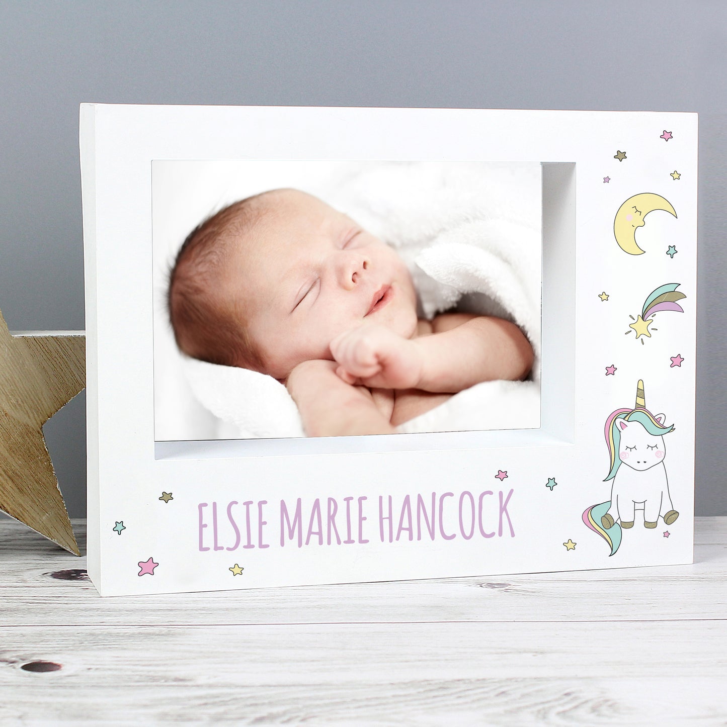Personalised Baby Unicorn 5x7 Landscape Box Photo Frame from Heartfelt Gifts