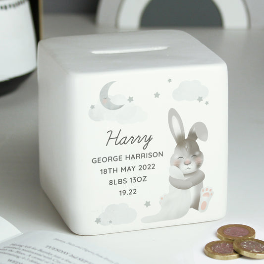 Personalised Baby Bunny Ceramic Square Money Box - image 2
