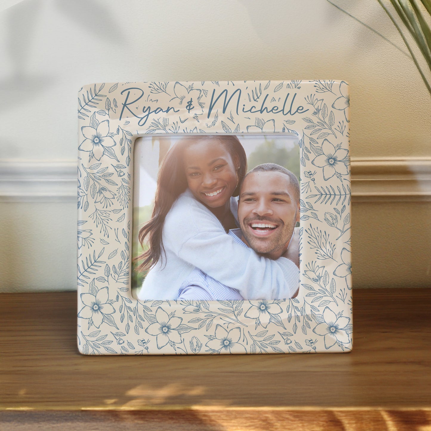 Personalised Blue Floral Ceramic 4x4 Photo Frame – Elegant Birthday Gift for Her - image 2