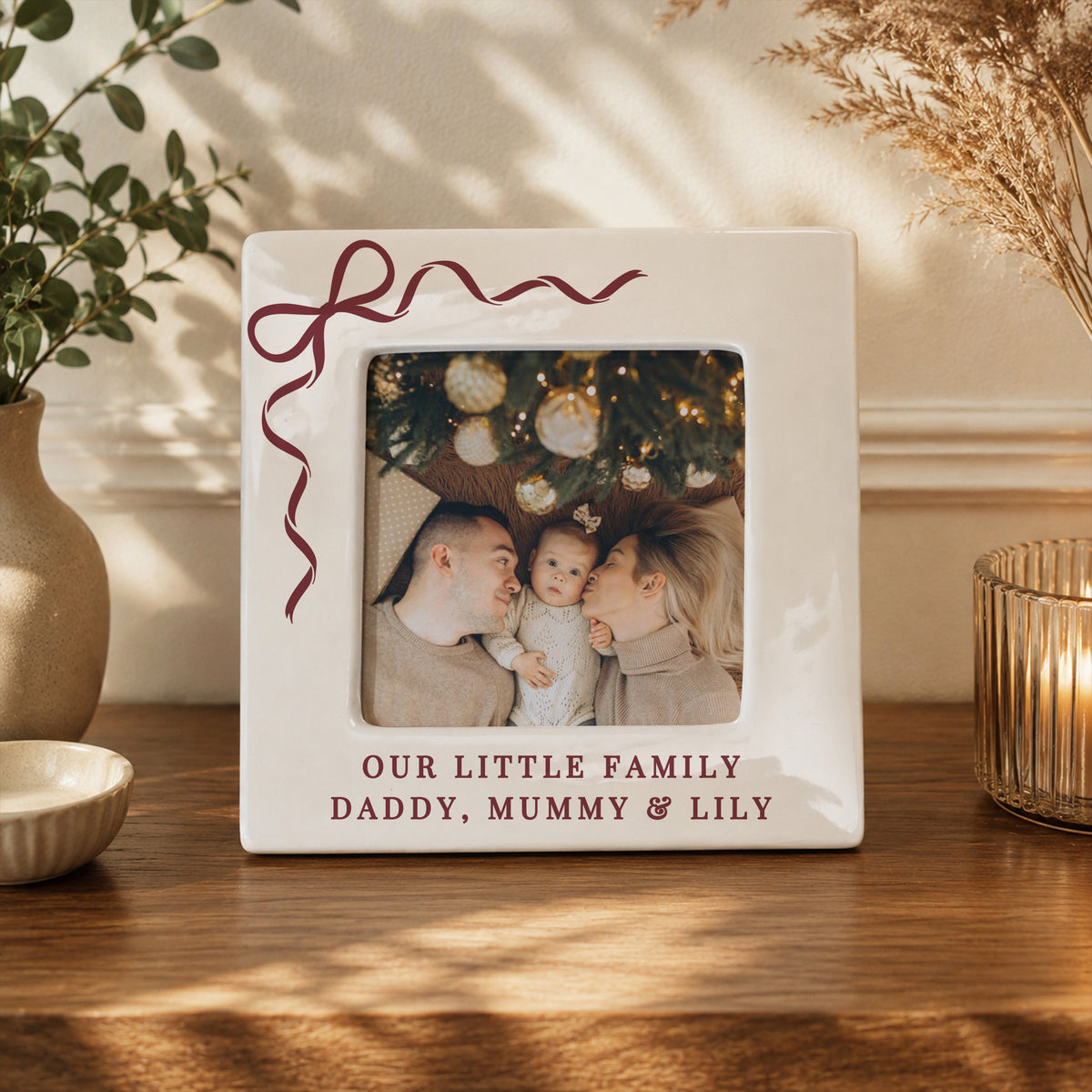 Personalised Red Bow Ceramic 4x4 Frame from Heartfelt Gifts