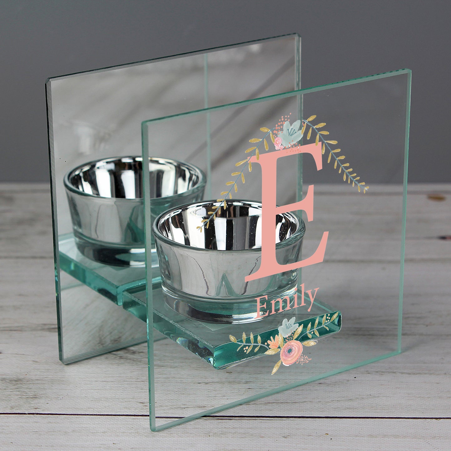 Personalised Floral Bouquet Mirrored Glass Tea Light Candle Holder - image 3
