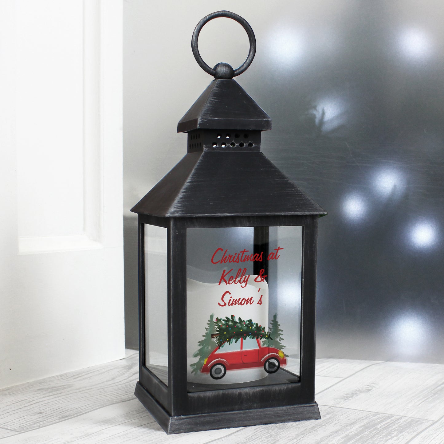 Personalised 'Driving Home For Christmas' Rustic Black Lantern - image 7
